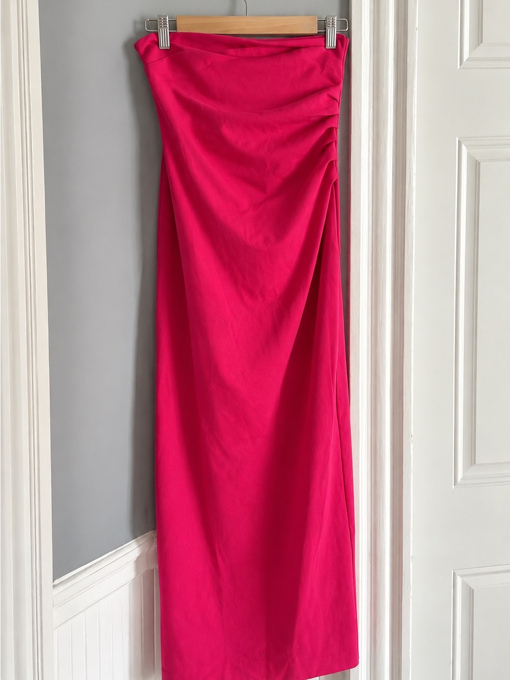 Zara Strapless Hot Pink Maxi Dress with Side Ruched Detail